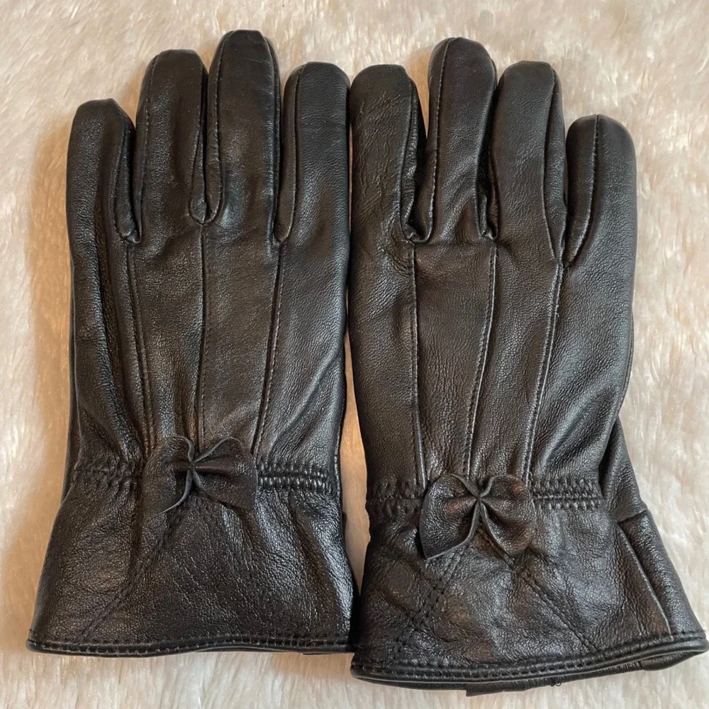 Jacob Ash Schuessler Womens Black Leather Gloves Thinsulate Bow Accent Size M